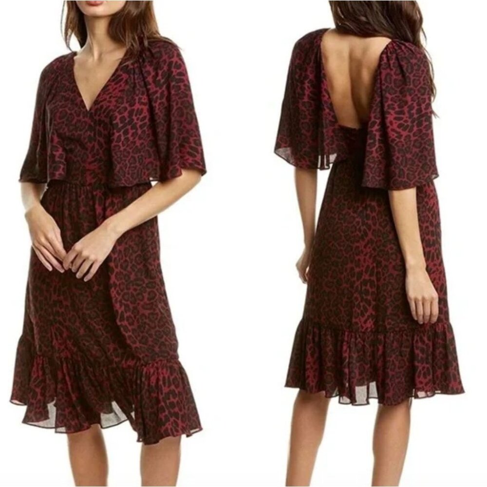 DRESS THE POPULATION leopard print francesca flutter sleeve dress size XS